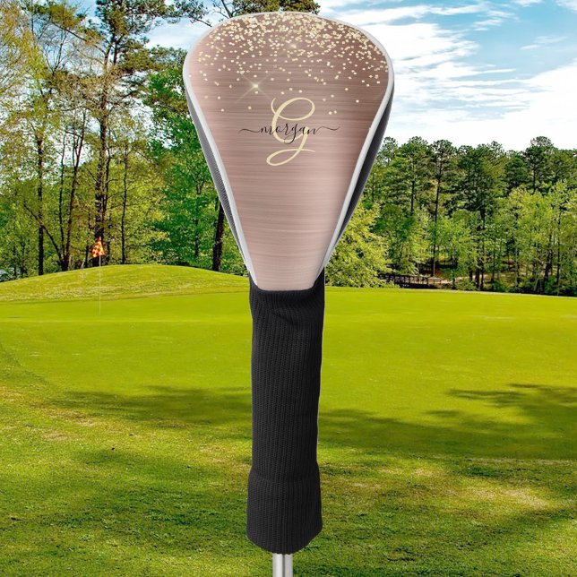 Couvre-club De Golf Gold Glitter, Gold Monogram, Black Script Name (Créateur téléchargé)