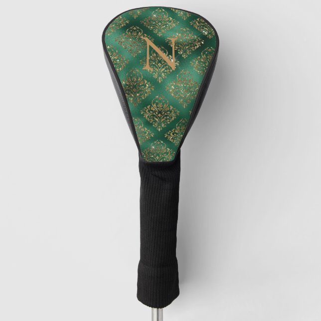Couvre-club De Golf Gold Green Damask Elegant Monogram Parties scintil (Devant)