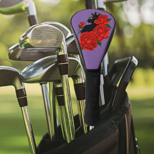 Couvre-club De Golf Gothique Chat Noir Roses Rouges Violet
