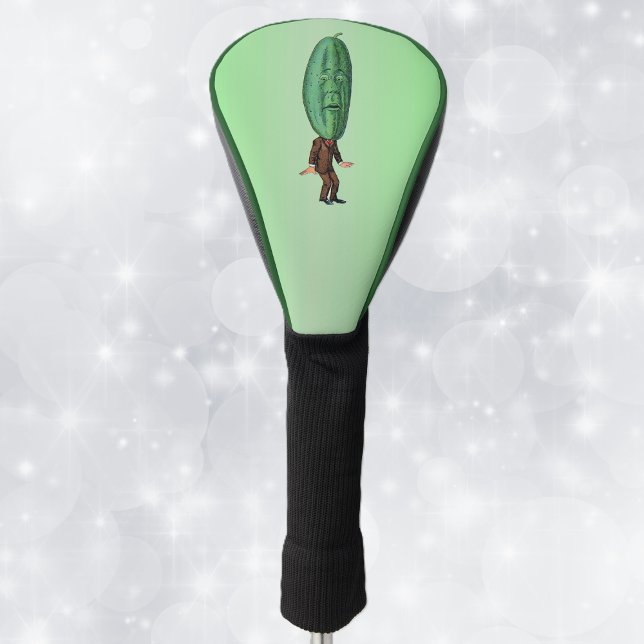 Couvre-club De Golf Homme étrange avec tête de chou en Brown vert (Funny man brown suit with big green pickle head with face on green golf head cover.)