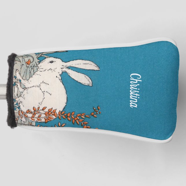 Couvre-club De Golf Joli Blanc Assis Rabbit Illustration Fleurs (Devant)