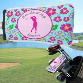 Couvre-club De Golf Lady Golfer Pink Aqua Preppy Nom personnalisé Dame