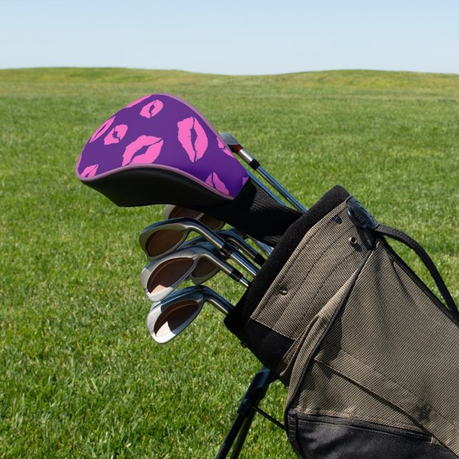 Couvre-club De Golf Lèvres de bisou rose sur violet (Créateur téléchargé)