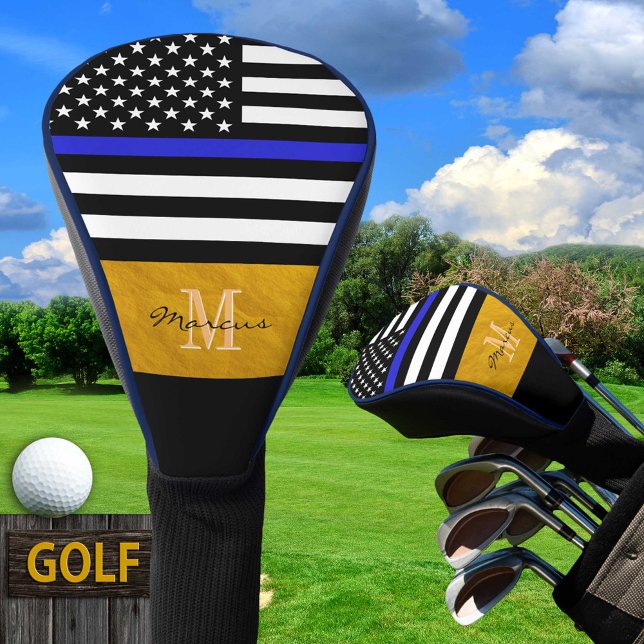 Couvre-club De Golf Ligne Bleue Mince, Police, Drapeau Américain /Mono (Créateur téléchargé)
