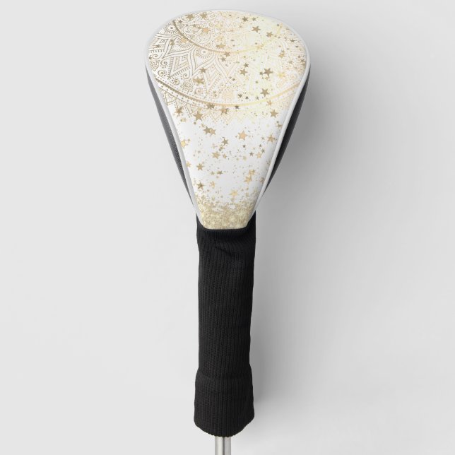 Couvre-club De Golf Mandala envoûtant avec des étoiles d'or sur blanc (Devant)
