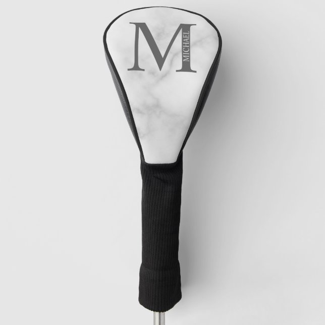 Couvre-club De Golf Marbre blanc Monogramme personnalisé et nom (Devant)