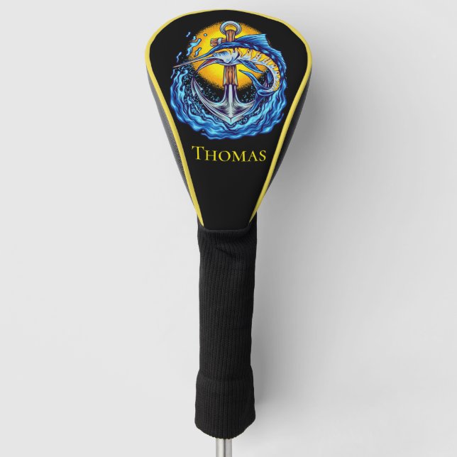 Couvre-club De Golf Marlin bleu, Ancre, vagues et soleil (Devant)