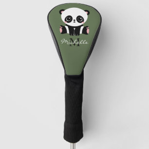Couvre-club De Golf Monogram Cute Panda Nom personnalisé Vert