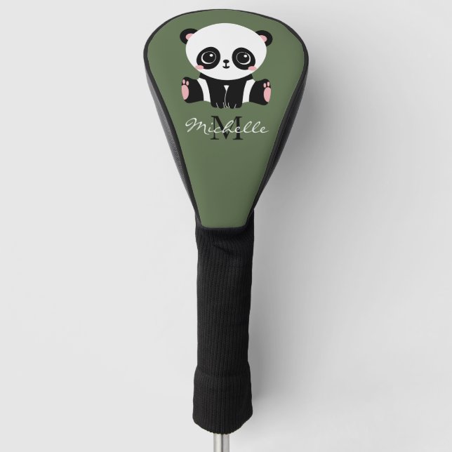 Couvre-club De Golf Monogram Cute Panda Nom personnalisé Vert (Devant)