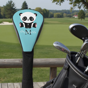 Couvre-club De Golf Monogram Cute Panda Personnalisé Bubble Gum Bleu