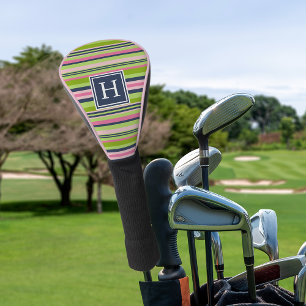 Couvre-club De Golf Monogramme de chaux, de rose et de bande marine