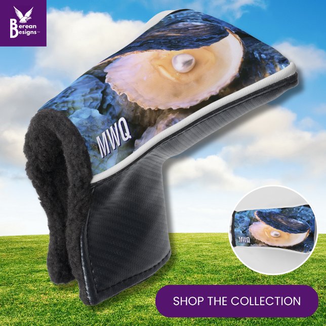 Couvre-club De Golf Monogramme élégant d'huîtres Blue Pearl (Blue OYSTER golf head cover with CUSTOMIZABLE INITIALS. Ideal Mother's Day gift for women golfers)