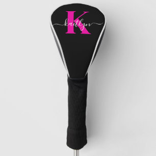 Couvre-club De Golf Monogramme élégant noir rose vif écriture