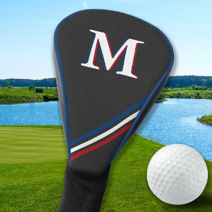 Couvre-club De Golf Monogramme en cuir noir personnalisé Stripes sport