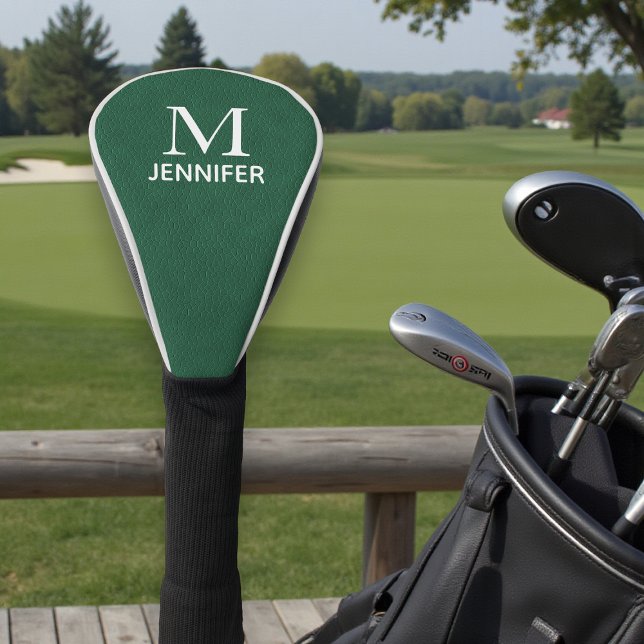 Couvre-club De Golf Monogramme en cuir texturé vert Nom personnalisé (Créateur téléchargé)