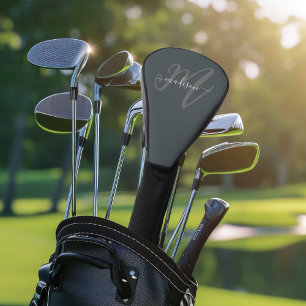 Couvre-club De Golf Monogramme et nom du script stylish gris neutre