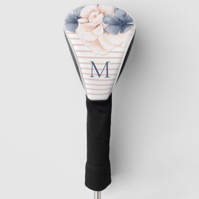 Couvre-club De Golf Monogramme floral bleu rose fileté (Devant)