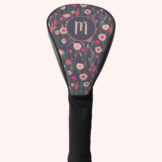 Couvre-club De Golf Monogramme Floral Boho rose noir (Boho wildflower painting personalized initial monogram dark golf head cover)