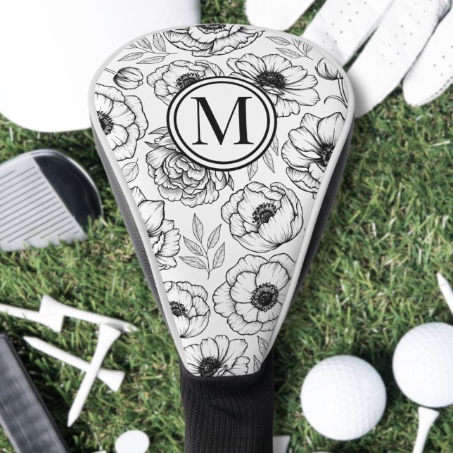 Couvre-club De Golf Monogramme floral noir blanc (Black White Floral Monogram Golf Head Cover)