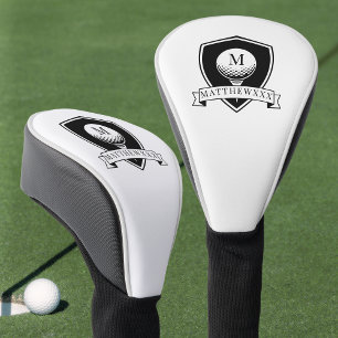 Couvre-club De Golf Monogramme Initial Moderne Minimaliste Noir et Bla