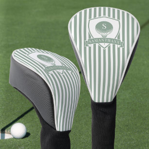 Couvre-club De Golf Monogramme Initial Nom Rayures Vert Sauge Moderne