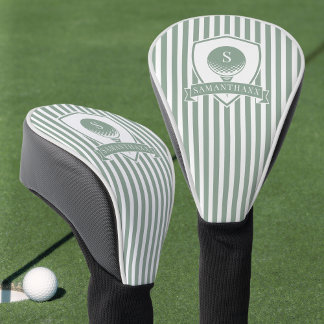 Couvre-club De Golf Monogramme Initial Nom Rayures Vert Sauge Moderne
