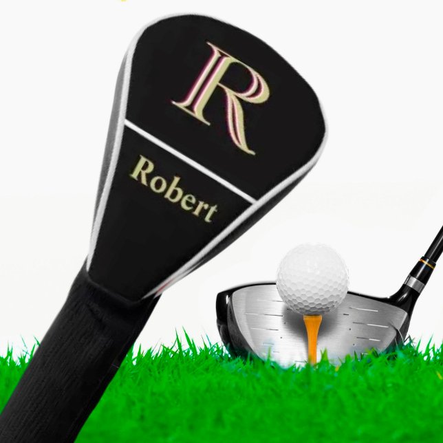 Couvre-club De Golf Monogramme masculin unique Nom Black White Gold (Créateur téléchargé)