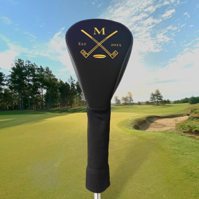 Couvre-club De Golf Monogramme moderne Noir + Gold Foil Golf Head Coqu (Créateur téléchargé)
