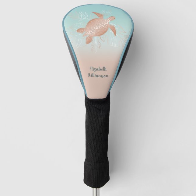 Couvre-club De Golf Monogramme rose Feuille Tropical Tortue d'or (Devant)