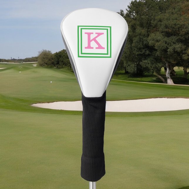 Couvre-club De Golf Monogramme rose preppy avec bordure verte (Créateur téléchargé)