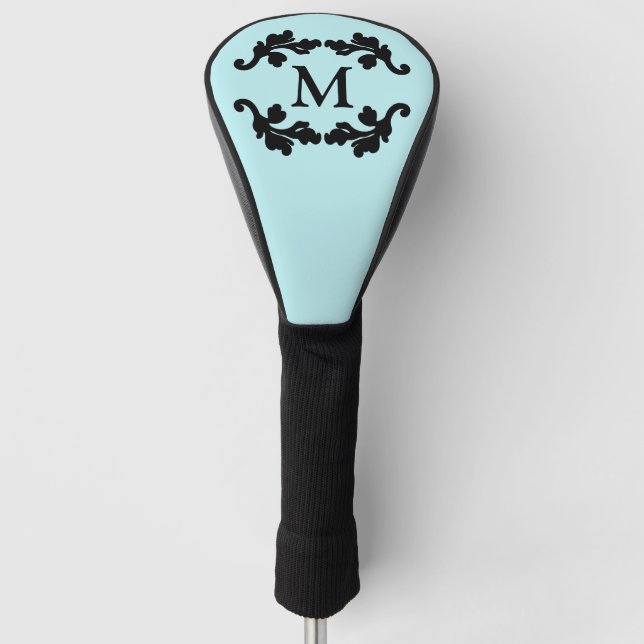 Couvre-club De Golf Motif damassé monogramme d'aqua noir (Devant)