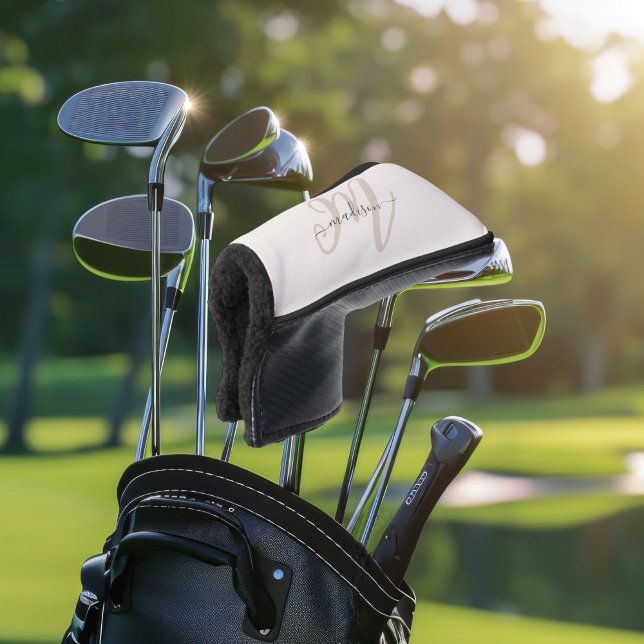 Couvre-club De Golf Neutre Beige Bold Script Monogramme et nom (Créateur téléchargé)