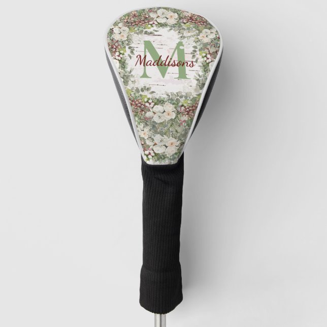 Couvre-club De Golf Nom du monogramme Bois d'hiver Pinecone de rose bl (Devant)