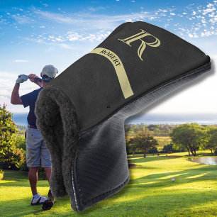 Couvre-club De Golf Nom du monogramme en cuir noir Or