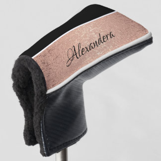 Couvre-club De Golf Nom du monogramme Rose or noir blanc Script