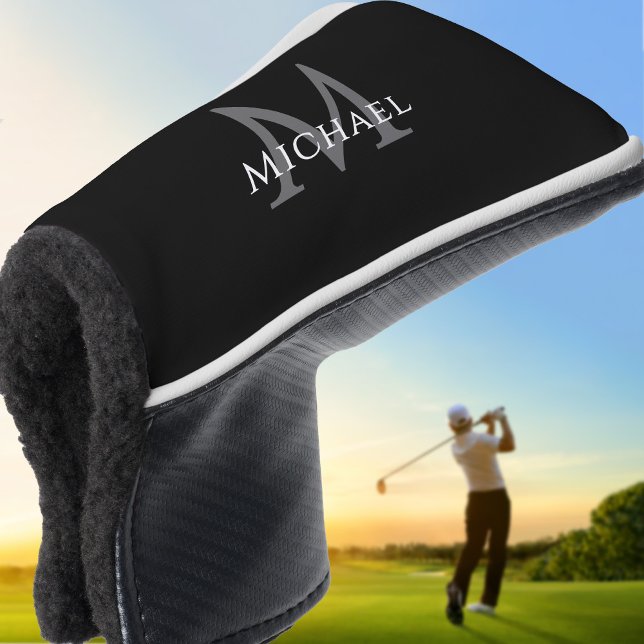 Couvre-club De Golf Nom Initial Monogramme Personnalisé Noir Gris (Personalized Monogram Name Initial Black Gray Golf Head Cover)