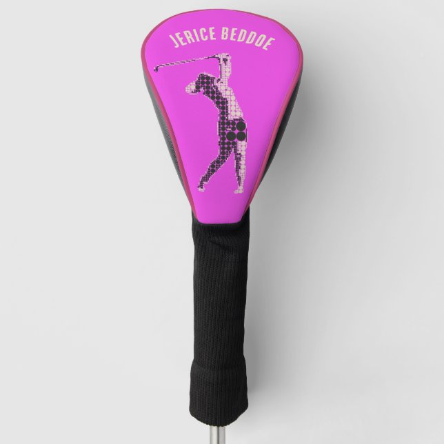 Couvre-club De Golf Nom modifiable Femme Golfeuse sur rose (Devant)