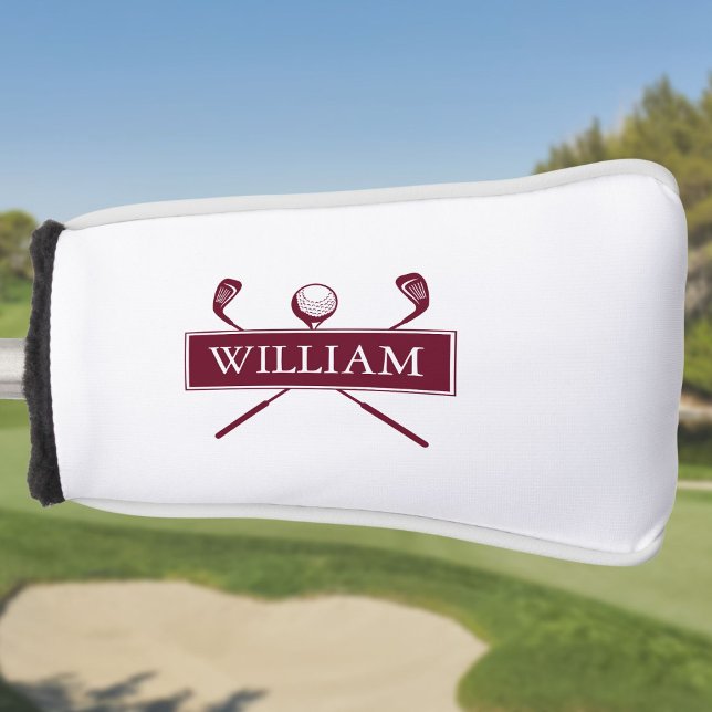 Couvre-club De Golf Nom Personnalisé Burgundy Clubs Et Ball (Custom Name Burgundy Clubs And Ball Golf Head Cover)