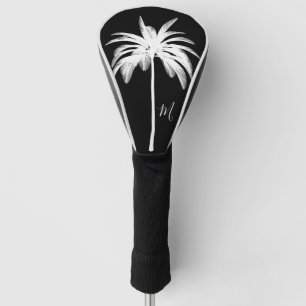 Couvre-club De Golf Palmier Noir Blanc Tropical Élégant Monogramme
