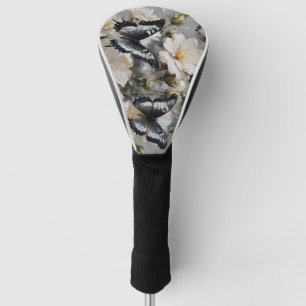 Couvre-club De Golf Papillons noirs et blancs sur des fleurs blanches,