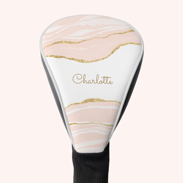 Couvre-club De Golf Parties scintillant dorée en marbre rose vif (Pink watercolor marble agate personalized name golf head cover)