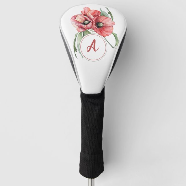 Couvre-club De Golf Pavot floral d'aquarelle avec monogramme (Devant)