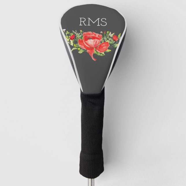 Couvre-club De Golf Pavot rouge sur gris Monogramme personnalisable (Devant)