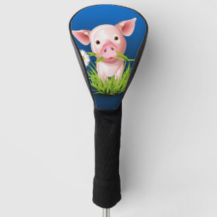 Couvre-club De Golf Petit cochon rose dans l'herbe verte sur le bleu