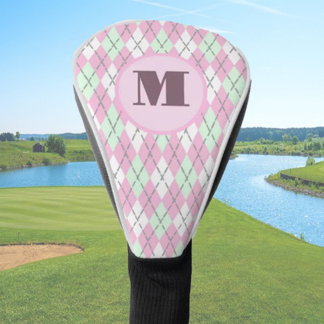 Couvre-club De Golf Pink Green preppy argyle custom monogram ladies (Créateur téléchargé)
