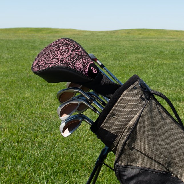 Couvre-club De Golf Rose sur noir vintage paisley (In Situ)