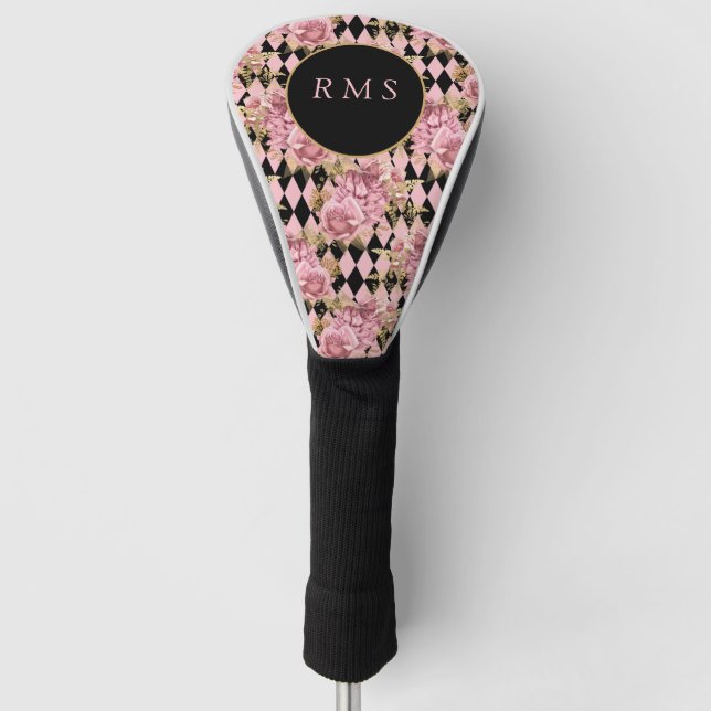 Couvre-club De Golf Roses roses sur le Monogramme arlequin (Devant)