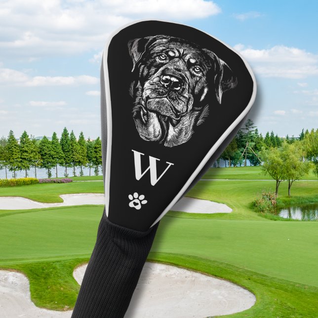Couvre-club De Golf Rottweiler Rottie Dog Monogram Initial Black White (Personalize with your monogram initial)