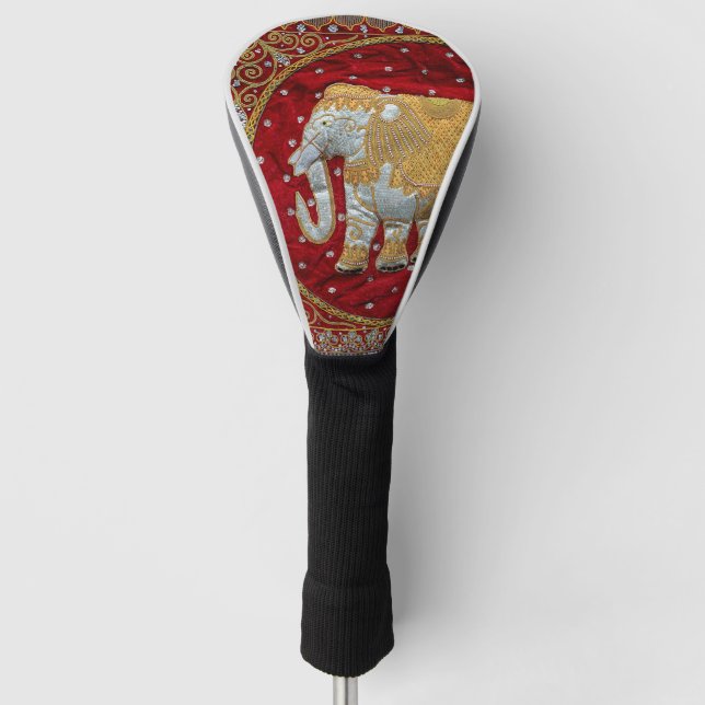 Couvre-club De Golf Rouge embelli et or d'éléphant d'Asie (Devant)