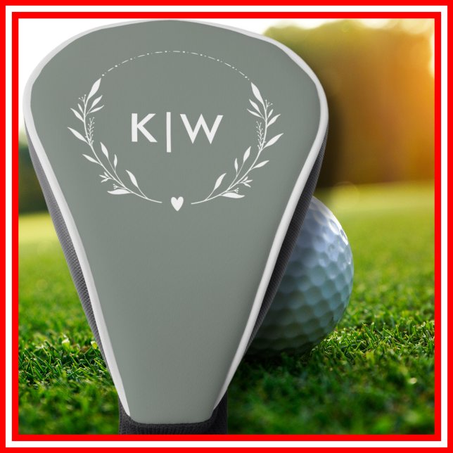 Couvre-club De Golf Sage vert et blanc | Monogramme des initiales mode (Sage Green and White | Modern Initials Monogram Golf Head Cover)